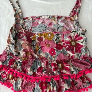 NATURAL LIFE Pink Floral Tote with Hot Pink Pom Trim